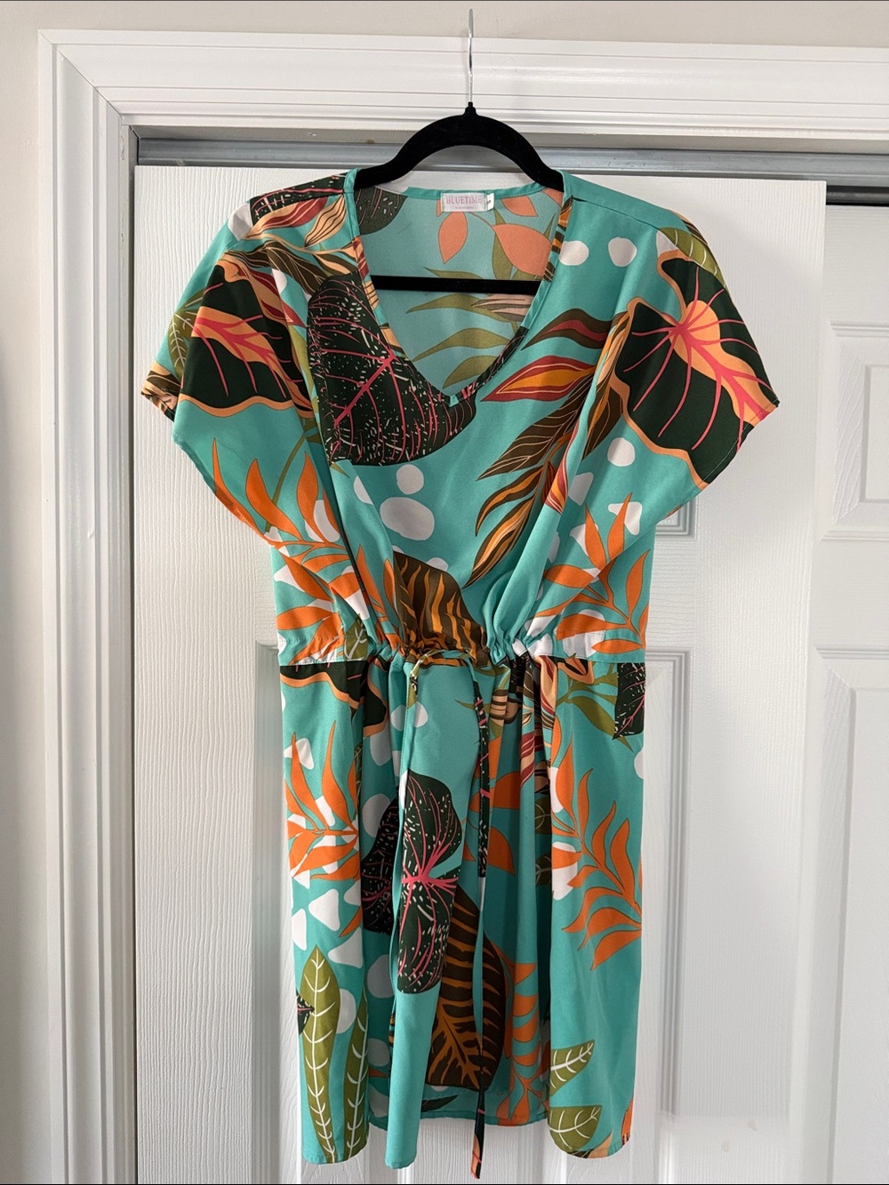 Tropical Print Teal Short Dress/cover up with Tie Waist